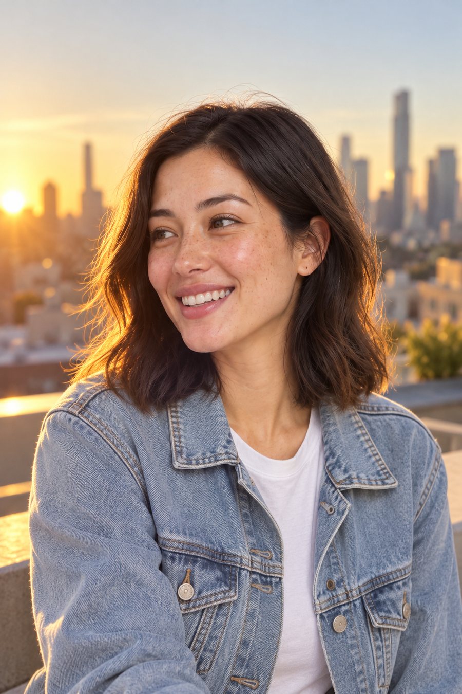 The same character outdoors at golden hour