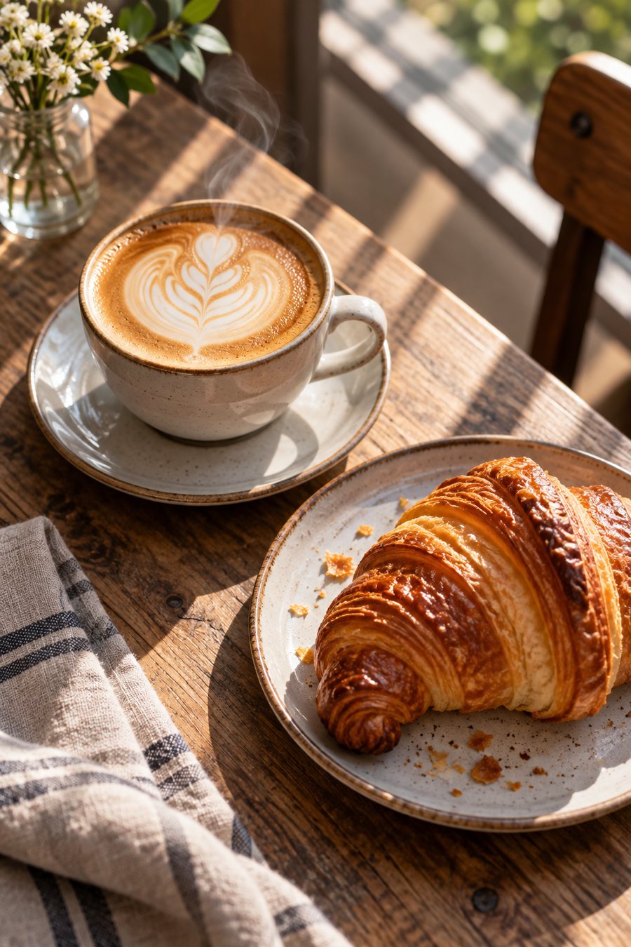 Coffee and croissant on a cafe table