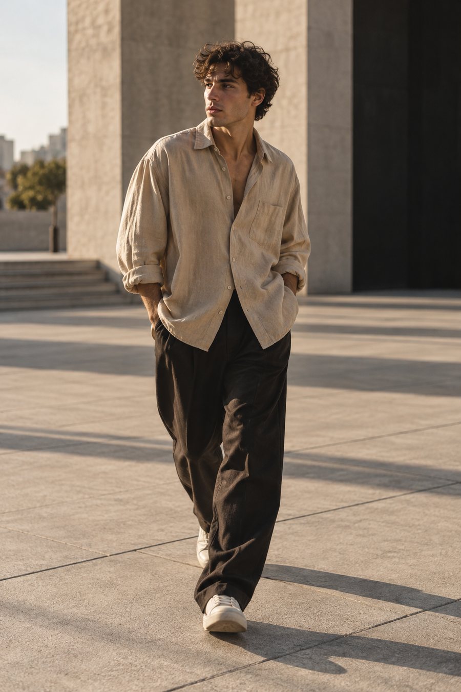 Streetwear look in a sunlit plaza